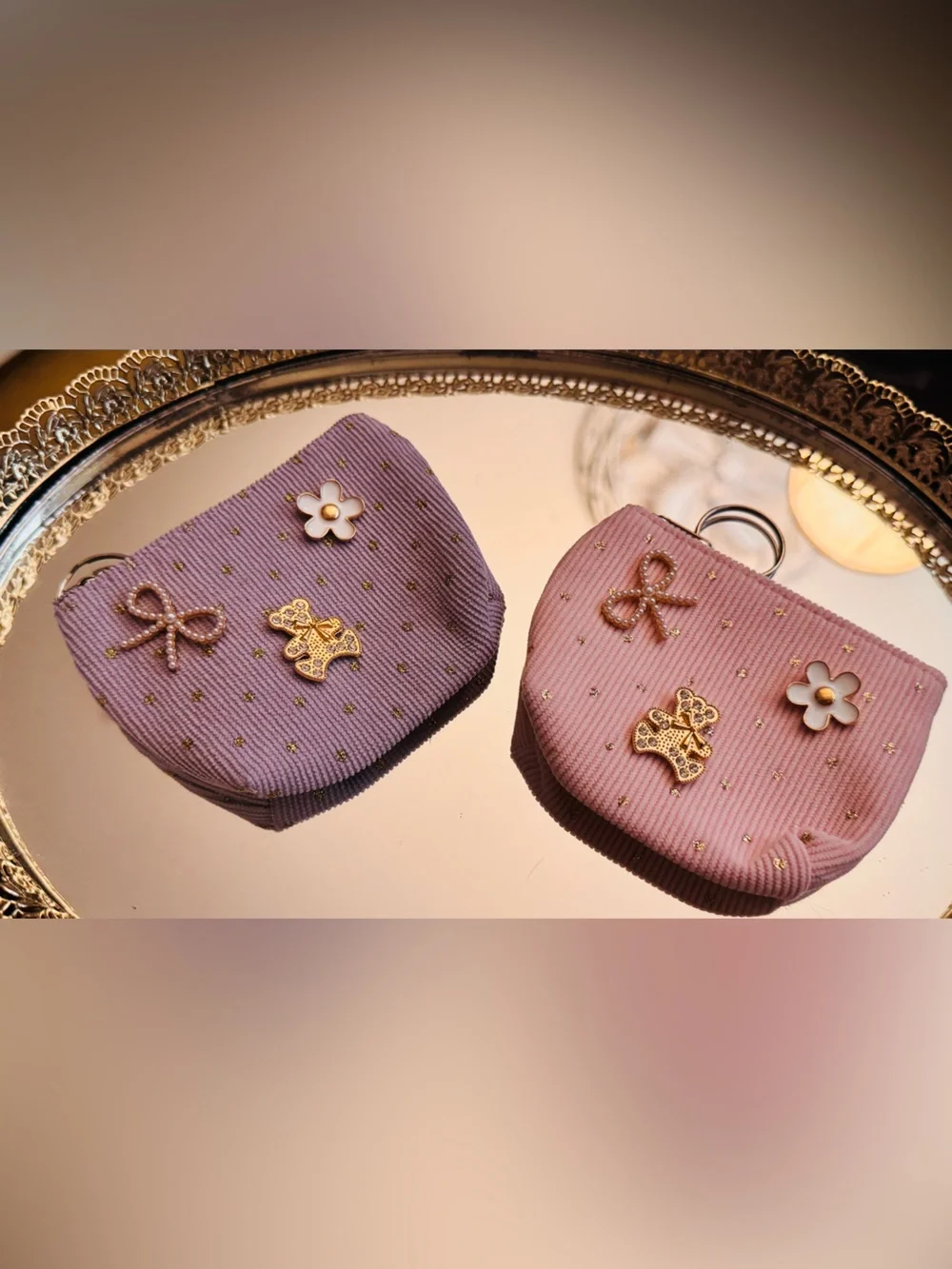 NWOT Embellished Corduroy Zip Coin Pouch - Pink, Purple, Green, Cream